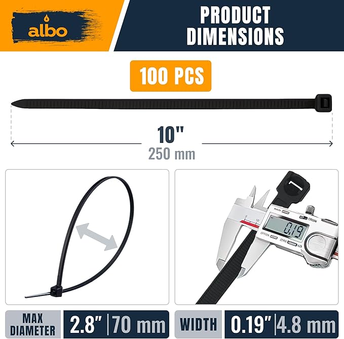 ALBO Zip Ties Black 10 Inch 100 Pack 50 lb, Long Plastic Cable Ties Thick 0.19 Inch Tie Wraps Heavy Duty UV Resistant Nylon Wire Ties for Indoor and Outdoor