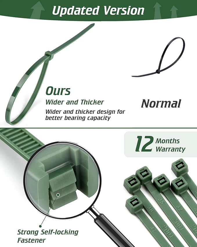 PA66 Green Zip Ties, 4+8+10+12 Inch with 22-55lb Strength, Premium Heavy Duty Self-locking Nylon Cable Ties, Decoration Tie Wraps for Holiday Lights Gardening Plants Fence Grid Wall, 200pcs Green