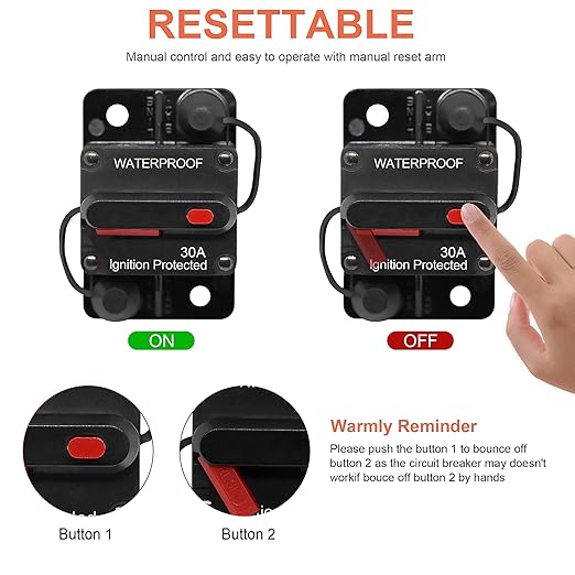 ERAYCO 30 Amp Circuit Breaker with Manual Reset Waterproof Inline Fuse Inverter for Marine Trolling Motors Boat ATV Manual Power 12V-42VDC (30A)
