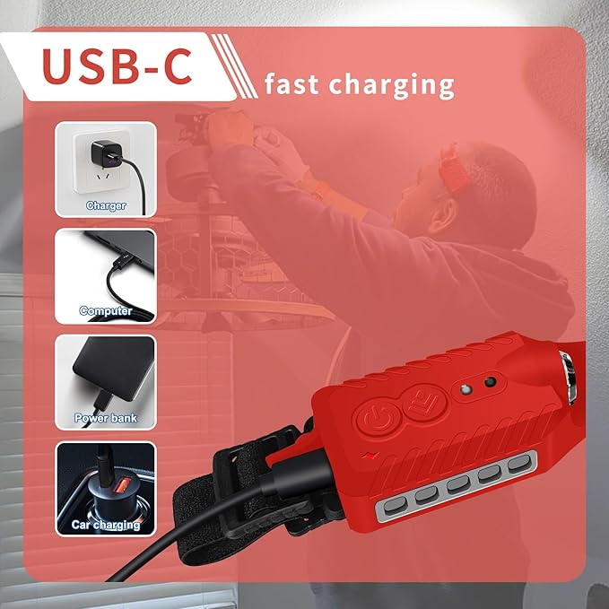 Rechargeable LED Headlamp (Red), 400 Lumens, 230° Wide Beam, USB-C, 5 Modes — Lightweight, Adjustable Headband; Hard Hat Clips for Camping, Hiking, Running & Repairs