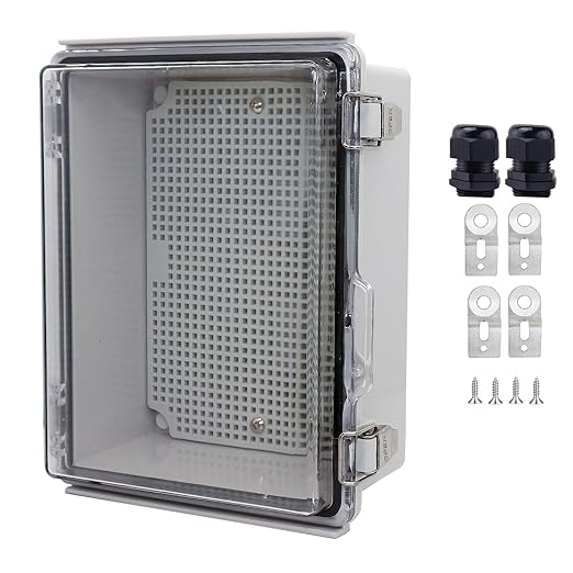 Waterproof Junction Box, ABS Plastic Electrical Box with Stainless Steel Latch, Hinged Cover Electric Project Enclosure Box with Mounting Plate, Wall Brackets & Cable Gland 8.7"x6.7"x4.3"