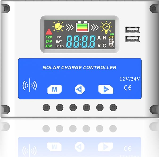 30A Solar Charge Controller 12V/24V, Solar Panel Charge Controller Intelligent Regulator with 5V Dual USB, LCD Display Adjustable Parameter with Radar Sensor System and Multiple Load Control Modes