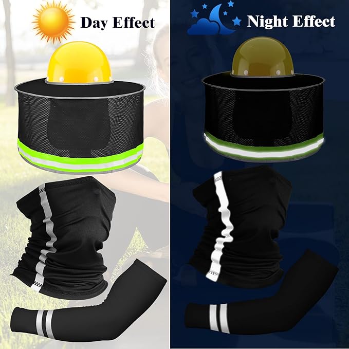 SATINIOR 3 Pcs Sun Hard Hat Neck Protection High Visibility Full Brim Mesh Sun Protection Bandana Headband Arm Sleeves with Reflective Strap for Construction Helmet Hard Hat(Black)