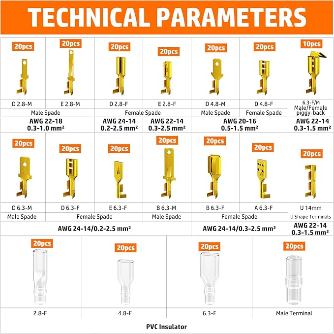 PEBA Open Barrel Crimping Tool Kit - 14 Sizes Quick Splice Male and Female Wire Spade Connectors & Piggy-back with Ratcheting Crimper AWG 24-14, for Electrical Wiring Car Audio Speaker Connectors