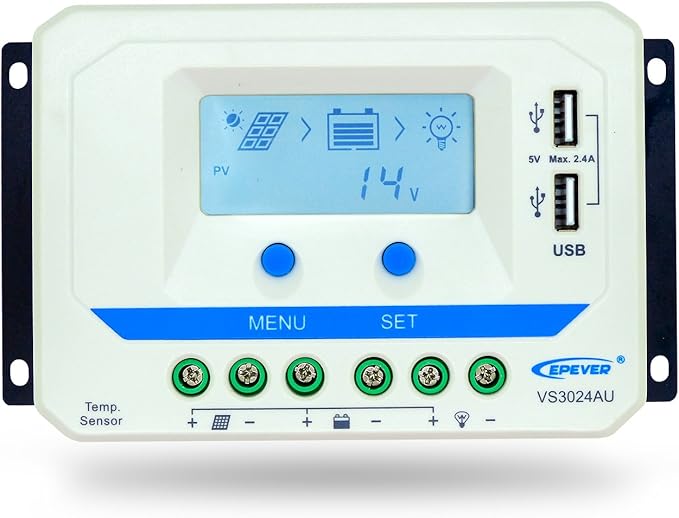 EPEVER Solar Charge Controller 30A PWM VS3024AU with Dual USB Ports Solar Panel Battery Regulator 12V/24V Auto Work with LCD Display (30A)