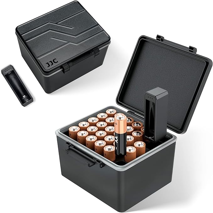 JJC 28 Slots AA Double A Battery Case Holder with Removable Battery Tester, Water-Resistant & Shockproof AA Battery Storage Box