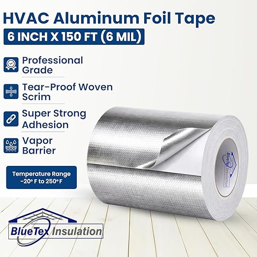 BlueTex Insulationㅤ HVAC Aluminum Foil Tape 6 inch x 150 ft (6 mil), Professional Grade Silver Duct Tape Metallic, Tear-Proof Woven HVAC Tape Heavy Duty, for Ductwork, Dryer Vent & Insulation - 1 Roll