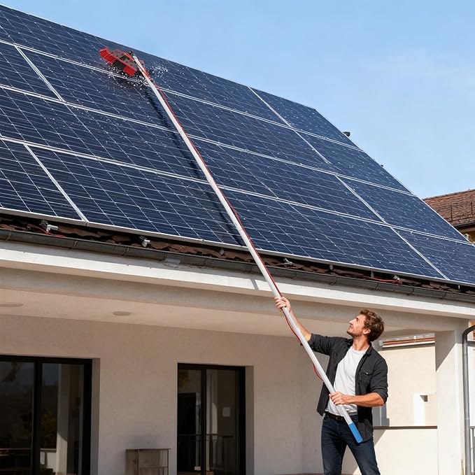 Solar Panel Cleaning Brush & Squeegee Kit, 26.25ft Long Reach Extendable Water Fed Pole Kit, Water Fed Window Cleaner Tool with 14" Brush, for Window Outdoor Roof Cleaner Kit (26.25FT Long)