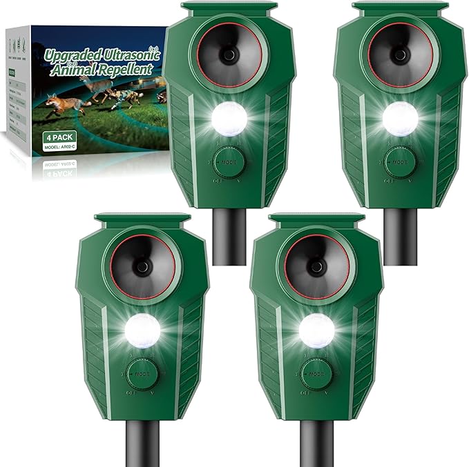 Solar Ultrasonic Animal Repellent Outdoor - Deer Repellent Devices with Motion Sensor & Flashing Lights, Waterproof Deterrent for Yard Garden to Repel Cats, Squirrels, Raccoons