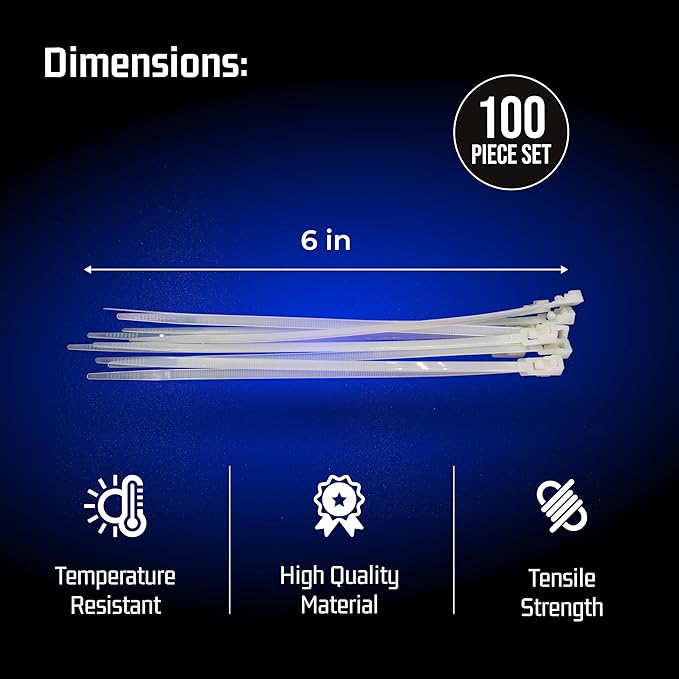 Bolt Dropper 6" White Zip Cable Ties (100 Pack), 40lbs Tensile Strength - Heavy Duty, Self-Locking Premium Nylon Wire for Indoor and Outdoor