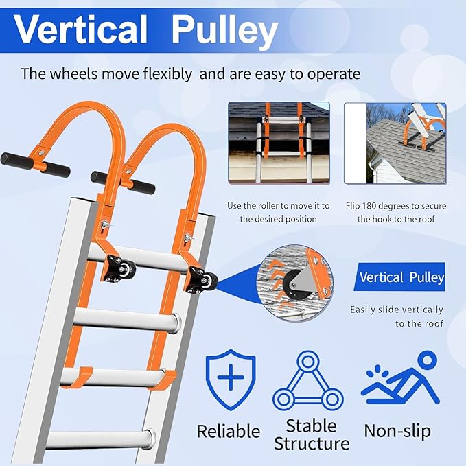 Roof Ladder Hook, 2 Pack Ladder Stabilizer with Wheel, Heavy Duty Steel 500 Lbs Weight Ratin Roof Ridge Extension, Rubber Grip T-Bar for Damage Prevention, Fast and Easy Setup to Access Steep Roofs