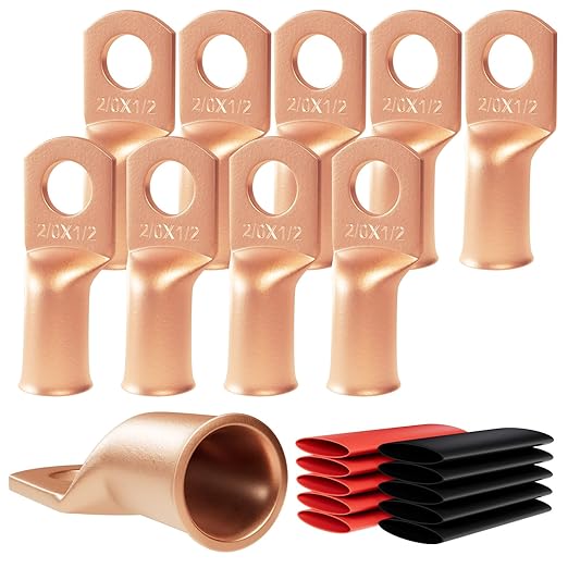 10pcs 2/0 Aw(00 Guage) - 1/2" (M12) Sanuke Wire Lugs Ring Terminal Connectors Ends Heavy Duty for Battery Cable Lug Wire Electrical Eyelets with 3:1 Dual Wall Adhesive Heat Shrink
