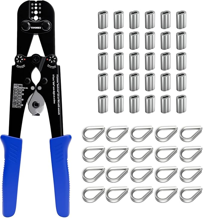 Wire Rope Crimping Tool Kit, Built-in Cutter Swaging Tool, Crimping Loop sleeve from 3/64-inch to 1/8-inch, for Aluminum Oval Sleeves, Double Sleeve