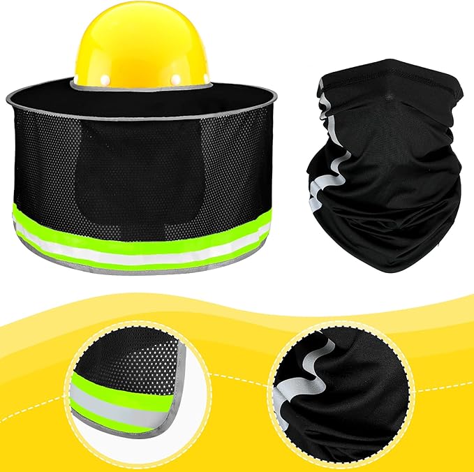 SATINIOR 3 Pcs Sun Hard Hat Neck Protection High Visibility Full Brim Mesh Sun Protection Bandana Headband Arm Sleeves with Reflective Strap for Construction Helmet Hard Hat(Black)