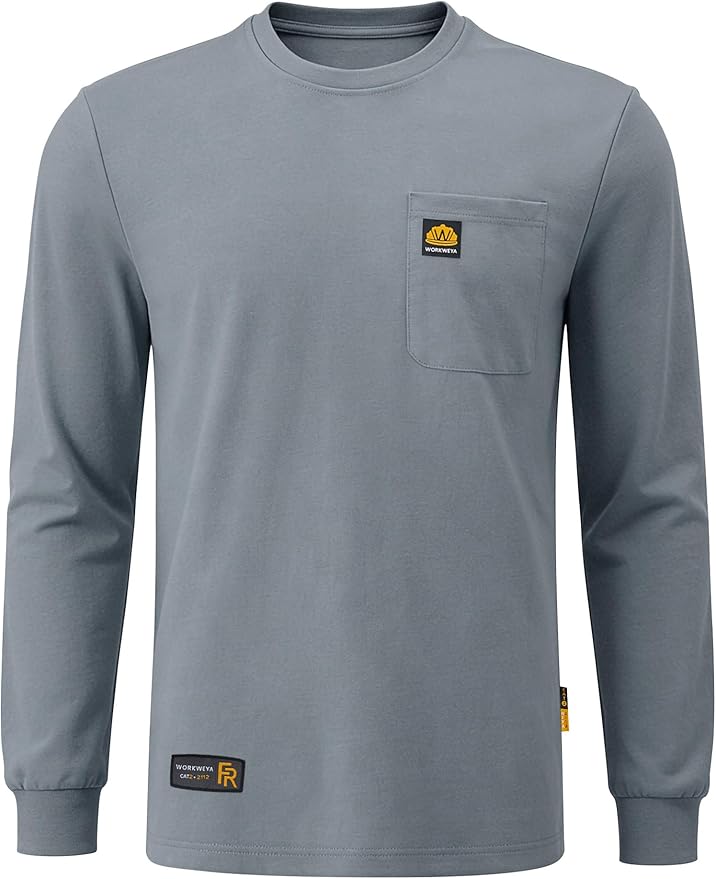 WORKWEYA Men's FR Shirts 6.5oz Lightweight Long Sleeve Flame Resistant T-Shirt NFPA 2112/CAT2
