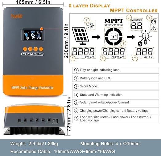 PowMr 60AMP MPPT Solar Charge Controller Fit for 12V/24V/36V/48V Auto, Lead-Acid Lithium Battery, MAX 160V 2800W Input Solar Charge【Parallel Version】