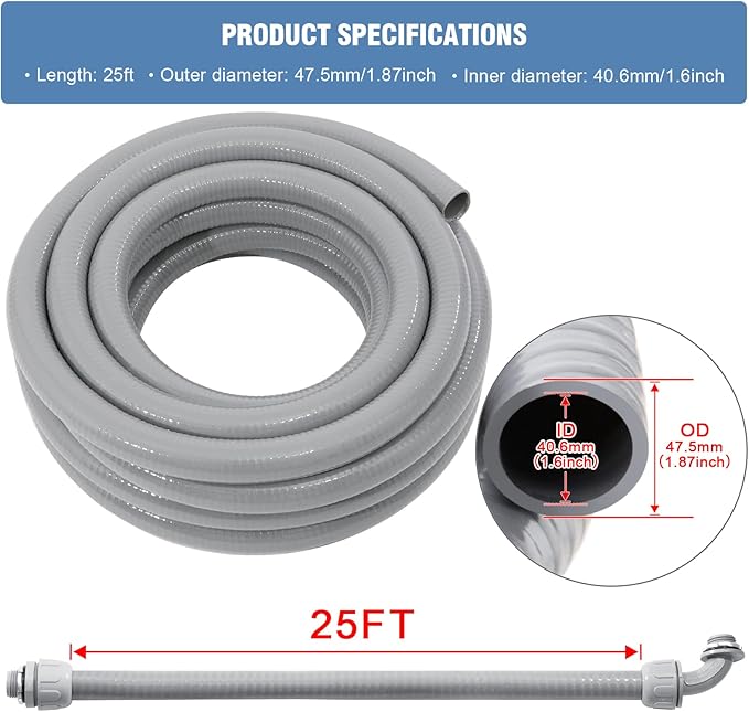 DWALE Liquid-Tight Conduit and Connector Kit,Flexible Non Metallic Liquid Tight Electrical Conduit,1-1/2inch 25ft Electrical Conduit Kit,with 4 Straight and 3 Angle Fittings Included,1-1/2 in. Dia