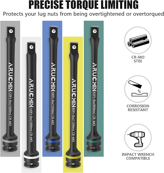1/2" Drive Torque Limiting Extension Bar Set, 5-Piece Lug Nut Torque Stick Set With 8 Inch Color-Coded 65 to 140 Ft-Lbs Torque Sticks
