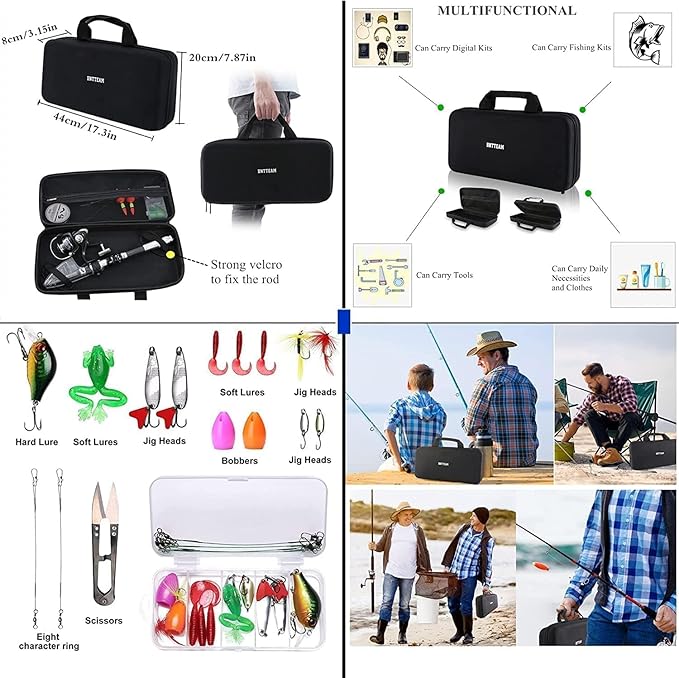 Portable Fishing Spinning Rod and Reel Combo Set Carbon Fiber Fluorescent Rod Tip, with Fishing Lures Line Carrier Bag Kits for Travel Surf Saltwater Freshwater