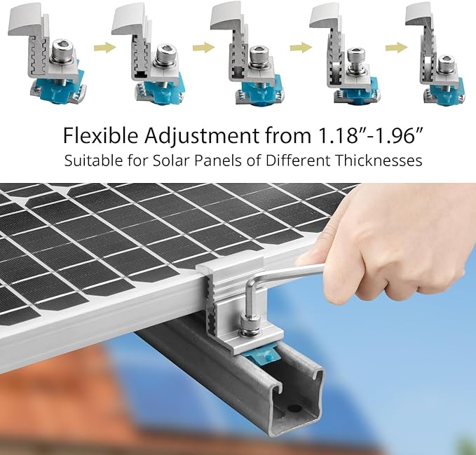 Anbte 10pcs Adjustable Solar Panel End Clamp for Unistrut, 30-50mm Aluminum Solar Panel Mounting Brackets with Nuts Bolts and Wrench, for Metal Roof, Tin Roof, Flat Roof, Sheet Roof, RV, Silver