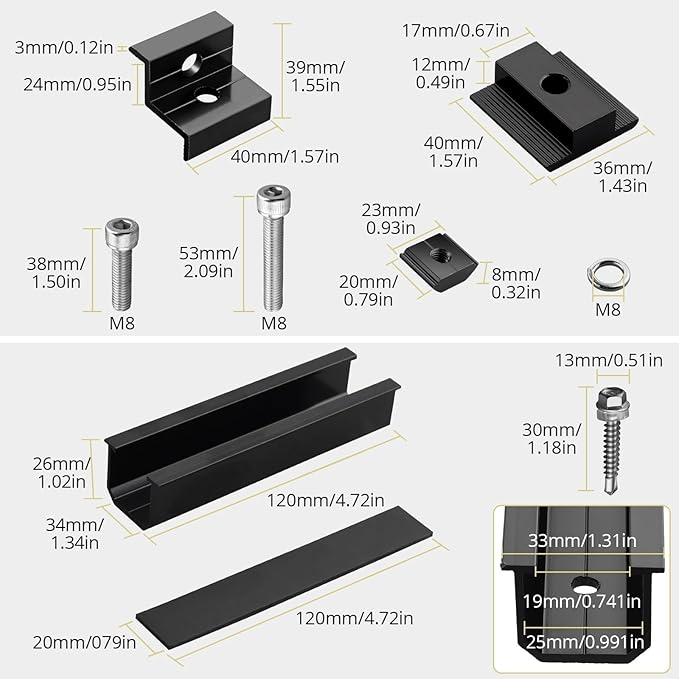 Anbte 6Pcs Solar Panel Mounting Kit, Aluminium 4.72" Solar Panel Mounting Rail & 30mm/35mm End Clamp & Mid Clamp, Solar Panel Mounting Brackets for Metal Roof, Tin Roof, Flat Roof, Sheet Roof, Black