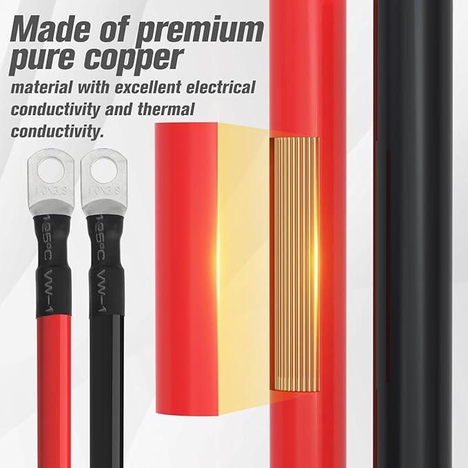 1/0 AWG Battery Cable 1/0AWG Gauge Battery Inverter Cables for Automotive Solar Marine Boat RV Car Motorcycle (1/0 AWG, 3FT, 3/8")
