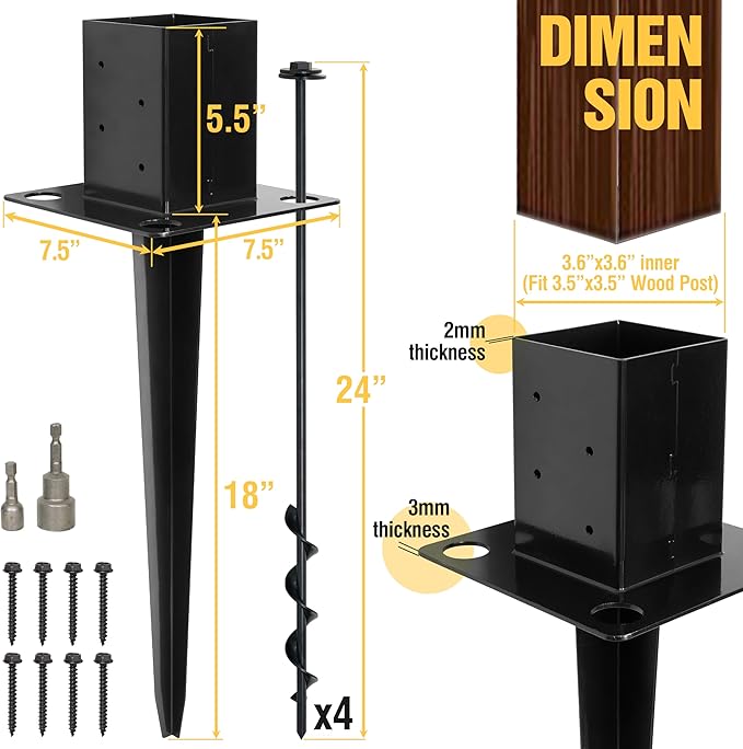Set of 4 4x4 Fence Post Anchor Ground Spike 24” Length with Ground Anchors Screw in - Metal Black Powder Coated – Mailbox Post Anchors – Fit 3.5x3.5 Square