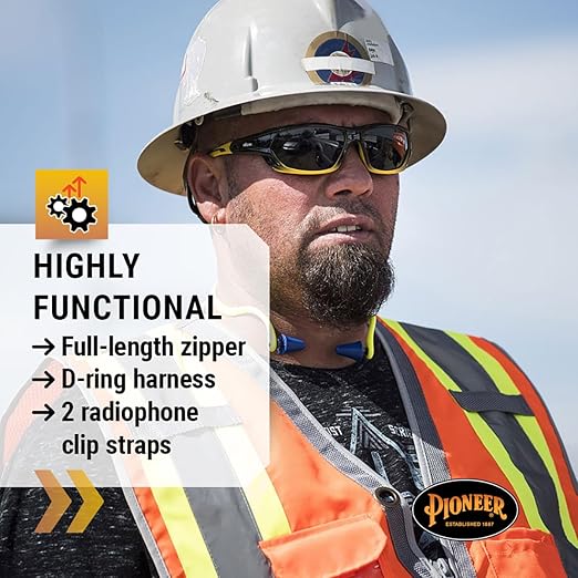 Pioneer Safety Vest for Men – Hi Vis Reflective Neon, Cool Mesh Back Panel, 12 Pockets, Zipper for Surveyor Work – Orange, Yellow/Green