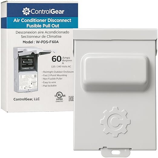 60 Amp Pullout FUSIBLE Disconnect Switch, ControlGear Brand 240V NEMA 3R Outdoor Metallic Enclosure for HVAC Systems, UL Certified, Single Phase Two Wire (fuses NOT Included)