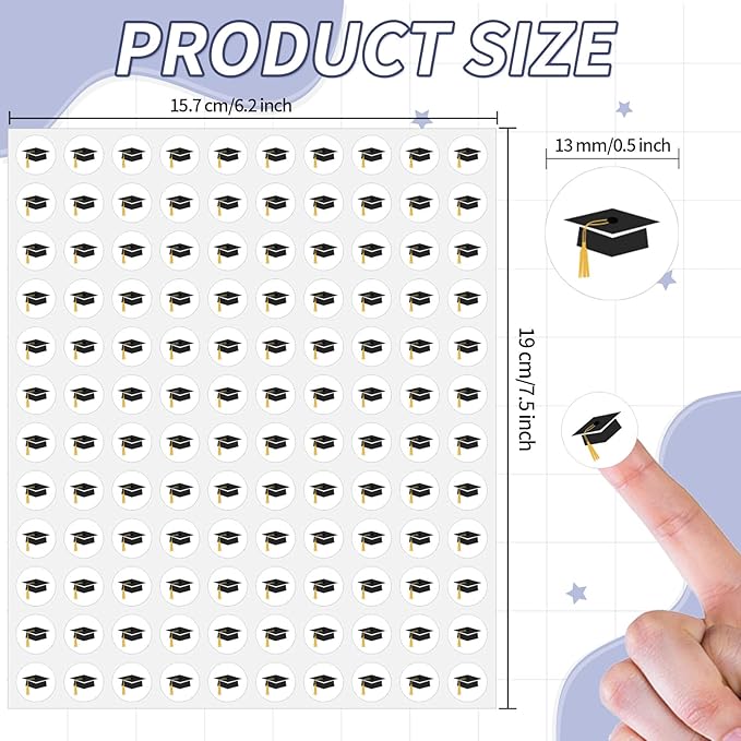 2400 Pcs Small Sticker for Kids,Mini Graduation Cap Sticker Cartoon Paper Small Decals Cute Self-Adhesive Stickers for Summer Party Envelopes Scrapbook Gifts DIY Supplies,0.5in（Cap）