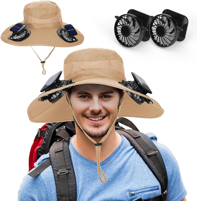 Wide Brim Solar Fan Outdoor Fishing Hat, 2 Solar Fan Hats for Men, Hat with Solar Fans Built in, Fishing Hat with Fan for Men