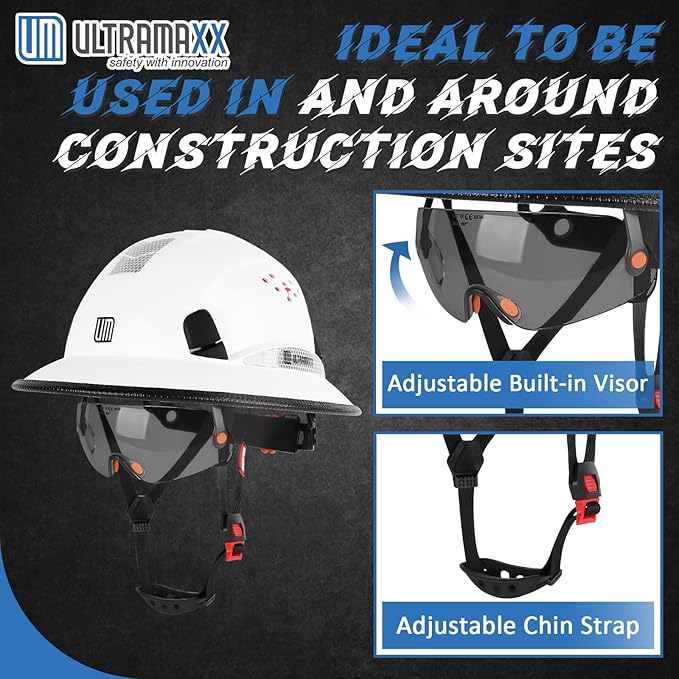 Full Brim Hard Hat with Built-in Visor, ANSI Z89.1 OSHA Approved Construction Safety Helmet with Chin Strap for Men Women