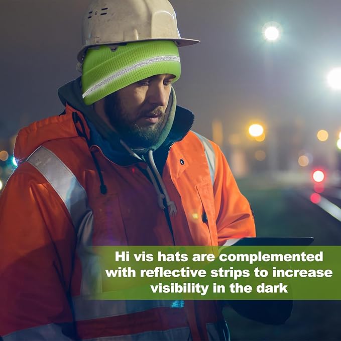 Suhine 4 Pack Men Hi Vis Winter Safety Hats Fleece Lined High Visibility Beanies with Reflective Stripes Hats for Outdoor