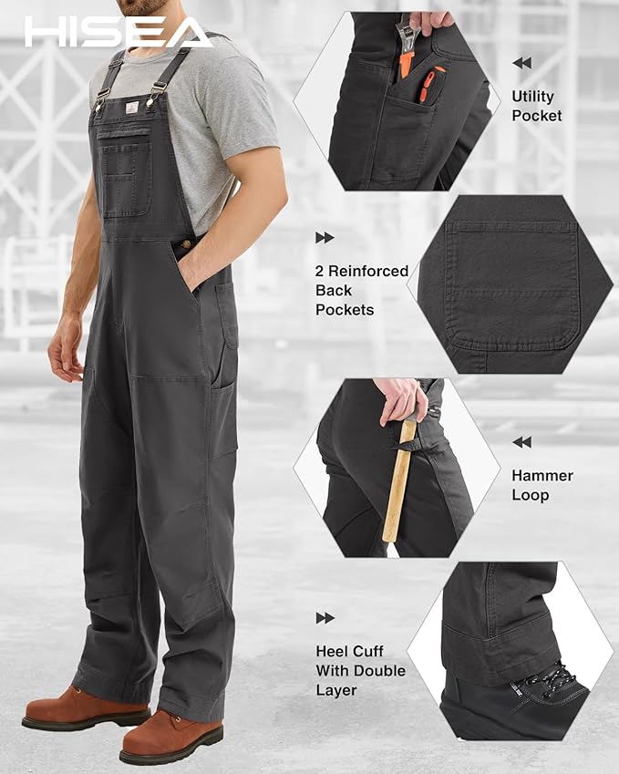 HISEA Flex Canvas Overalls for Men, Bib Work Double Knee Stretch Overall, Relaxed Fit Lightweight Workwear with Pockets