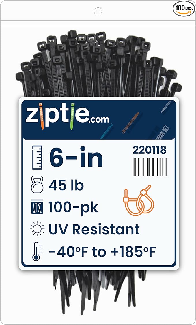 ZipTie.com 6-inch UV Resistant Black Multi-Purpose Cable Tie, 45-lb Tensile Strength, UL 21 Listed, 100-Pack
