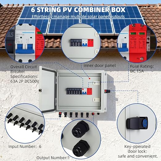 6 String Solar PV mc4 Metel Combiner Box 16A Rated Current Fuse 63A Air Circuit Breaker Out Door IP65 Waterproof (6 String- 16A)