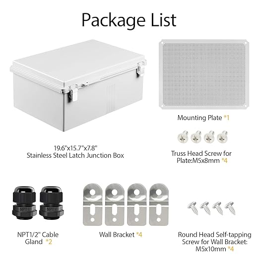 LeMotech Electrical Box, IP67 Waterproof Hinged Cover Stainless Steel Latch Junction Box, ABS Plastic Electrical Enclosure with Mounting Plate,Wall Brackets, Cable Glands,19.6"x15.7"x7.8",Grey