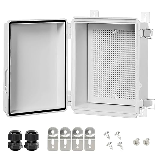 LeMotech Electrical Box, IP67 Waterproof Hinged Cover Stainless Steel Latch Junction Box, ABS Plastic Electrical Enclosure with Mounting Plate,Wall Brackets, Cable Glands,8.7"x6.7"x4.3",Grey