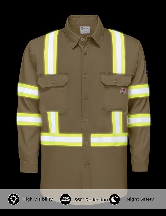 Ubon FR Shirts for Men High Visibility Welding Shirt 100% Cotton Button Down Long Sleeve Safety Workwear 6.5 oz
