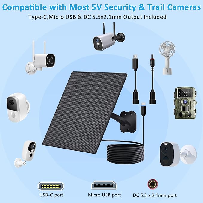 FUTUREZEN Solar Panel for Security Camera, 10W Solar Charger with DC 5.5x2.1mm, USB-C & Micro USB Port, IP66 Waterproof, 360° Adjustable Mount, 7.2FT Cable, Black