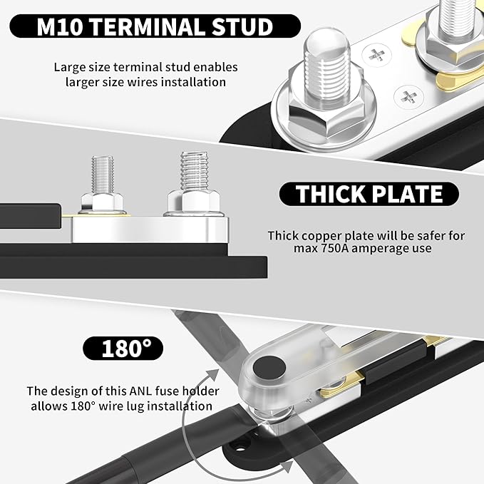 DaierTek 400 Amp ANL Fuse Holder Kit M10 Stud Terminals Max 750A for Car Truck Boat