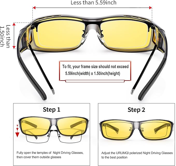 URUMQI Night Vision Driving Glasses Fit Over Eyeglasses for Men Women, Anti Glare Polarized Nighttime Glasses Yellow Lens