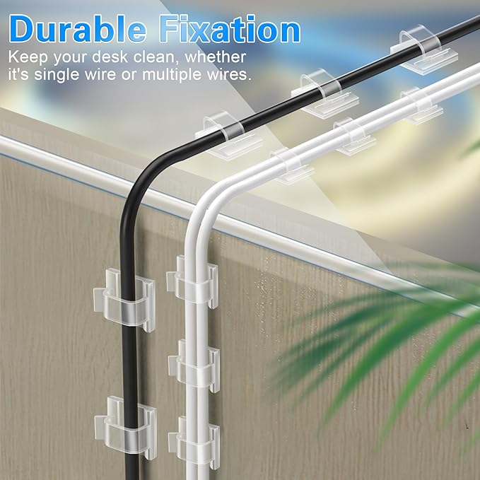 120PCS XHF Adhesive Cable Wire Clips Clear, Outdoor Christmas Light Clips, Cable Holder Staples Cable Management Wire Organizer Cord for Under Desk, Car, Wall, TV PC Ethernet Cable