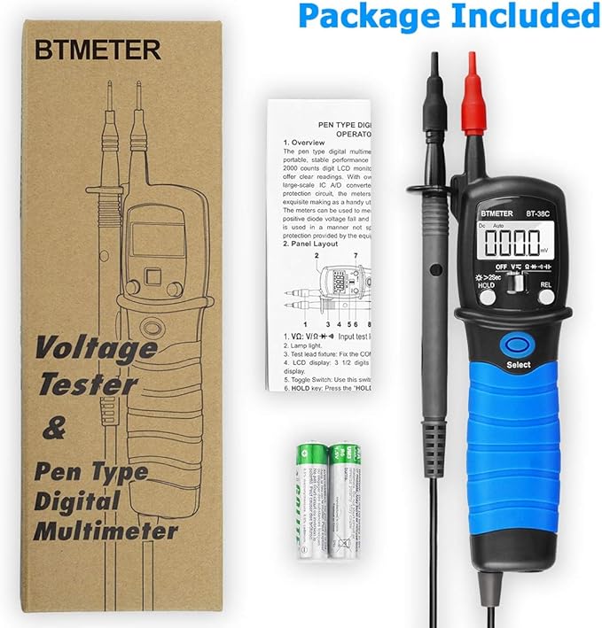 Pen Type Digital Multimeter - BTMETER BT-38C AC DC 600V High Voltage Tester, 60M Ohm Resistance Meter, with Capacitance Diode Test, Continuity Alarm, Backlit LCD Screen, Lamp Light