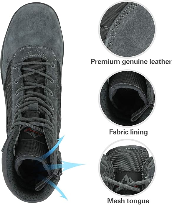 NORTIV 8 Men's Military Tactical Work Boots Side Zipper Leather Motorcycle Combat Boots Trooper