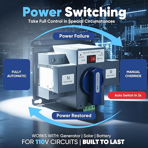 110V Automatic Transfer Switch, 2P 63A ATS Generator Changeover, 50/60Hz Dual-Power Changeover with Auto/Manual Modes, ~2s Transfer, Rotary Type, Clamp Terminals, CE Certified
