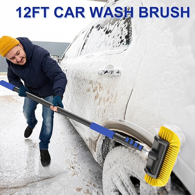 18Ft Reach Car Wash Brush with Long Handle, Car Cleaning Brush 12-Inch Soft Bristles, 3-12Foot Aluminium Telescoping Pole for Scratch-Free Cleaning RV, Car, Boats, Truck, Floors, Solar Panels