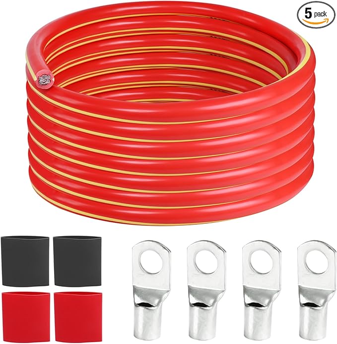 2 Gauge Car Battery Power Cable (Red, 12 Feet) - Copper Clad Aluminum, cca - 2 AWG Automotive Welding Wire with M8 & M10 Cable Lugs for Car, Camper, RV, Solar Low Voltage Wiring