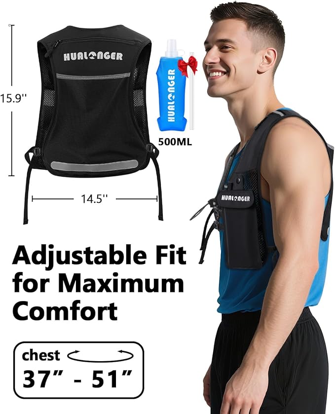 Running Hydration Vest for Women Men,Lightweight Breathable Hydration Pack with 500ml Soft Flask, Adjustable Chest Straps Reflective Backpack for Trail Running Marathon Race Jogging Cycling