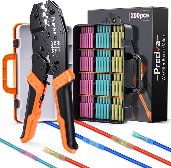 Preciva Wire Crimping Tool for Heat Shrink Connectors Kit, with 200PCS 22-10 AWG Heat Shrink Connectors,Ratcheting Crimper for Electrical, Automotive, Marine & Wiring Repairs